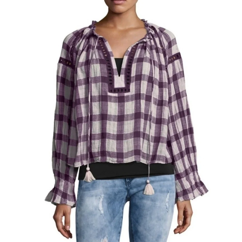 Free People Blouse Peasant Plaid V-Neck Tassel Tie Gauzy Cotton Plum White M NWT